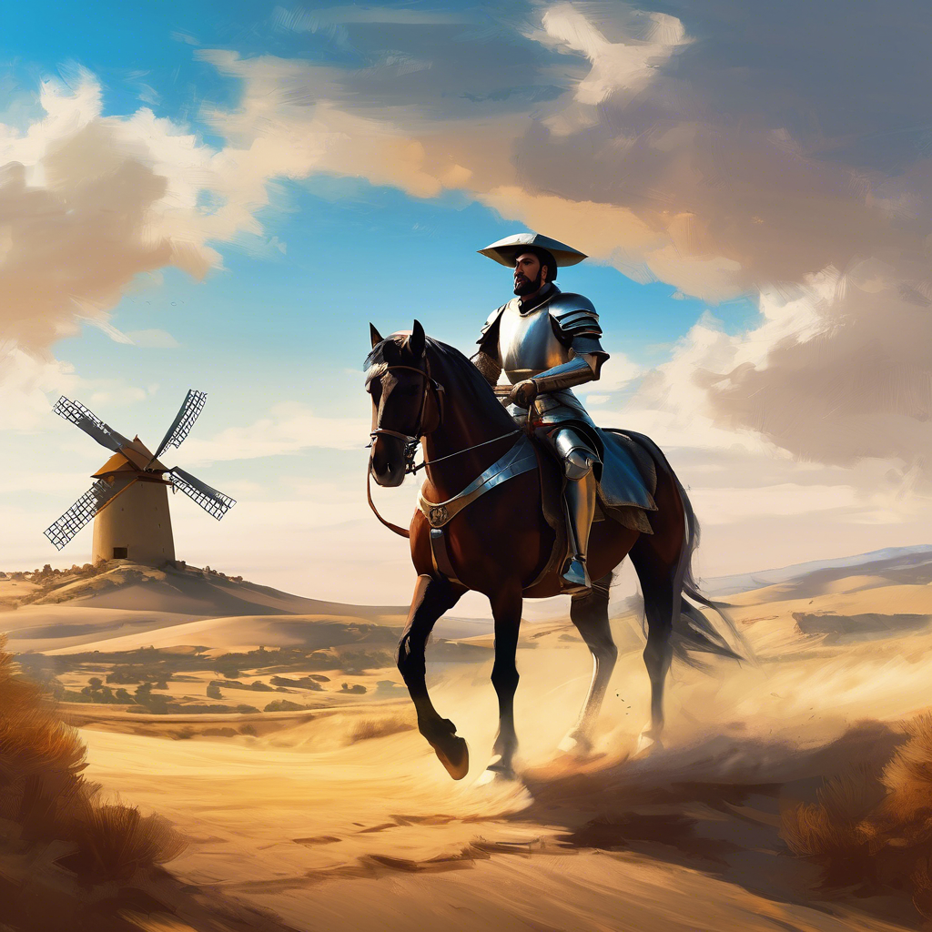 Ilustración de Don Quijote montado sobre Rocinante, con fondo sepia y detalles de lanza, molinos y cielo abierto, evocando su lucha idealista