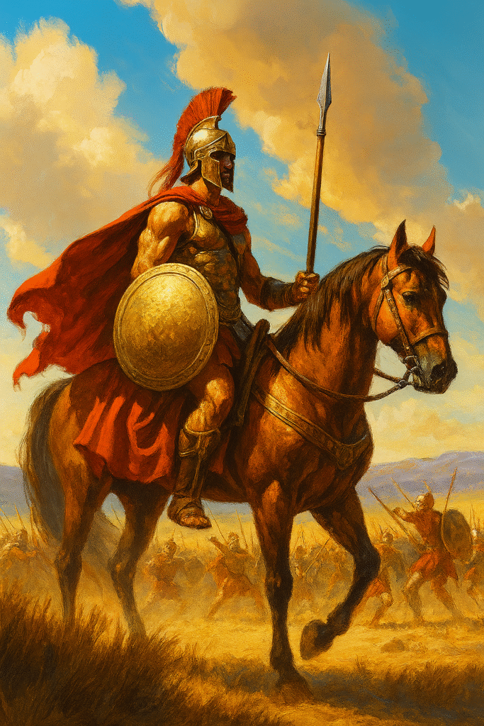 Ilustración inspirada en La Ilíada de Homero con guerreros en batalla