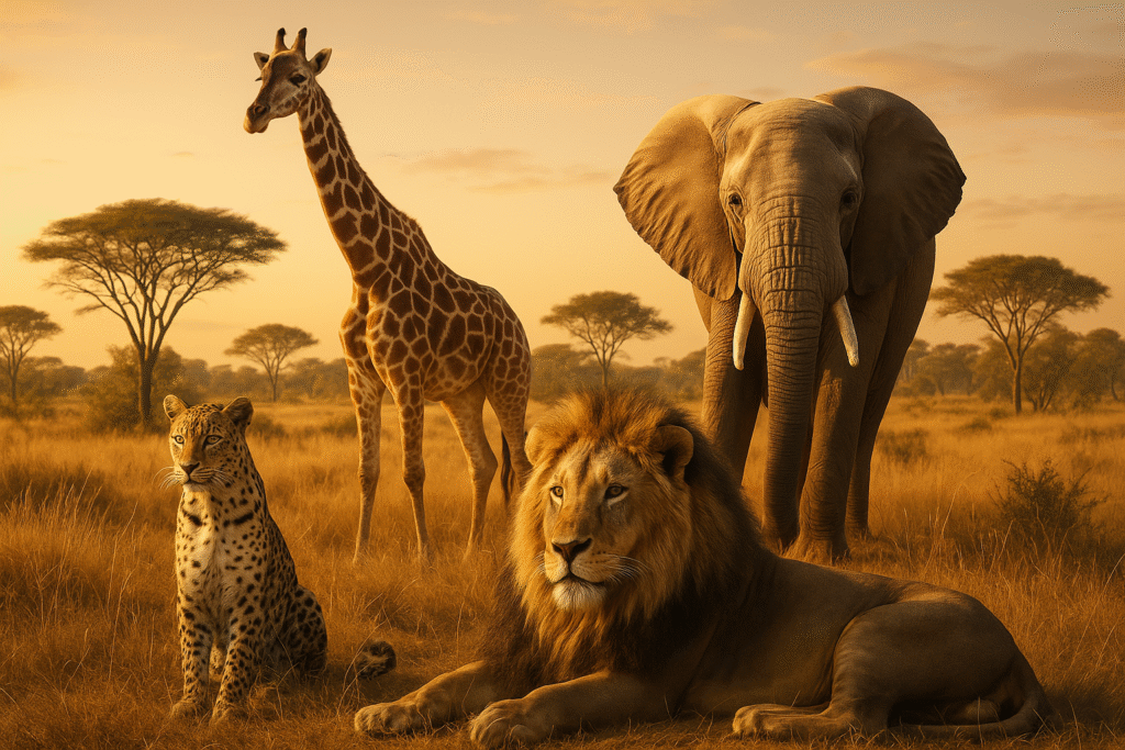 Cuatro animales icónicos de un safari africano —un león recostado, un leopardo sentado, una jirafa y un elefante— posan en la sabana dorada durante la luz cálida del amanecer, con acacias en el horizonte.