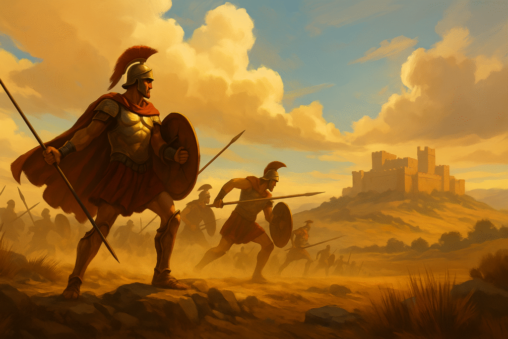 Escena épica inspirada en La Ilíada de Homero con guerreros griegos en batalla.