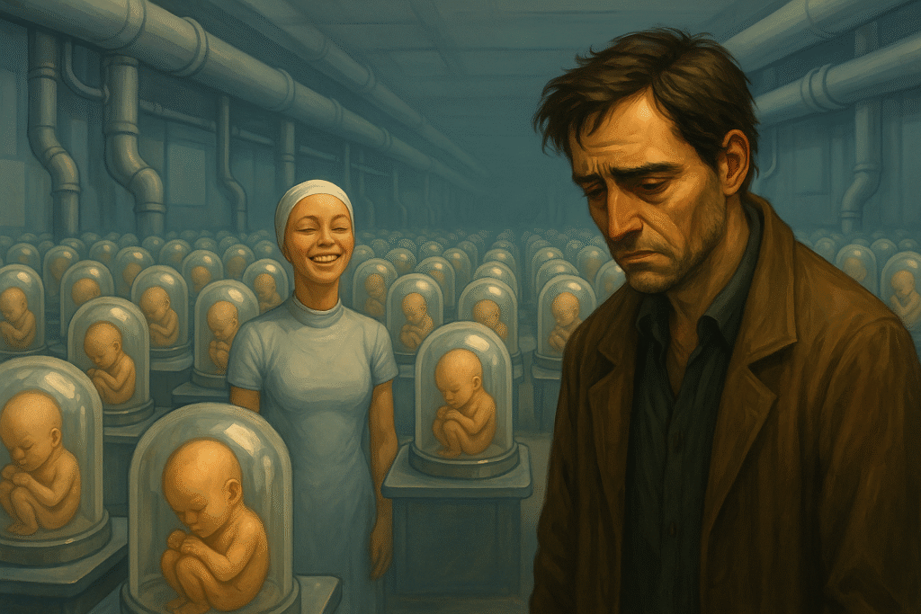Laboratorio distópico con bebés en incubadoras y contraste emocional entre personajes. Un mundo feliz. Hombre cabizbajo en un laboratorio futurista con filas de incubadoras que contienen bebés, acompañado por una mujer sonriente con uniforme azul claro.