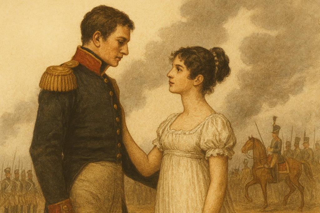 Ilustración vintage inspirada en Guerra y paz de León Tolstói: un oficial ruso del siglo XIX en uniforme militar sostiene la mirada de una joven aristócrata en un campo de batalla, con humo y soldados al fondo. Imagen clásica que transmite amor y guerra en tiempos de caos.